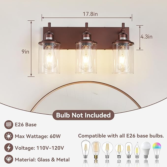 3-Light Bronze Bathroom Light Fixtures Over Mirror,Modern Bathroom Vanity Light with Clear Glass Shade, Wall Sconce for Bathroom Hallway Cabinet Bedroom Kitchen Living Room Foyer E26 Base