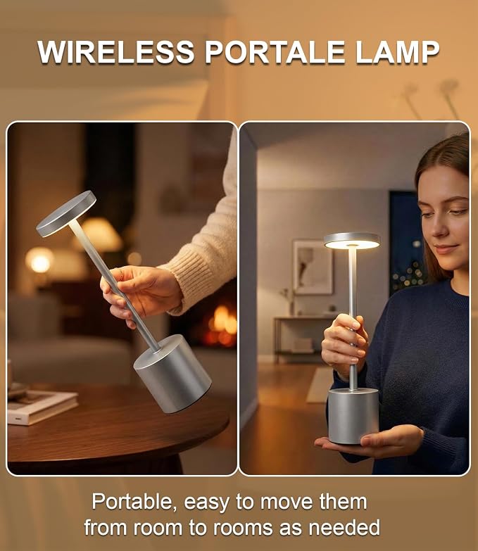 Silver Cordless Table Lamp Rechargeable - 2 Pack 5000mAH Battery Operated Lamp for Counter, 3 Color Stepless Dimming Waterproof LED Wireless Lamp for Dining Kitchen, Outdoor Patio, Touch Control