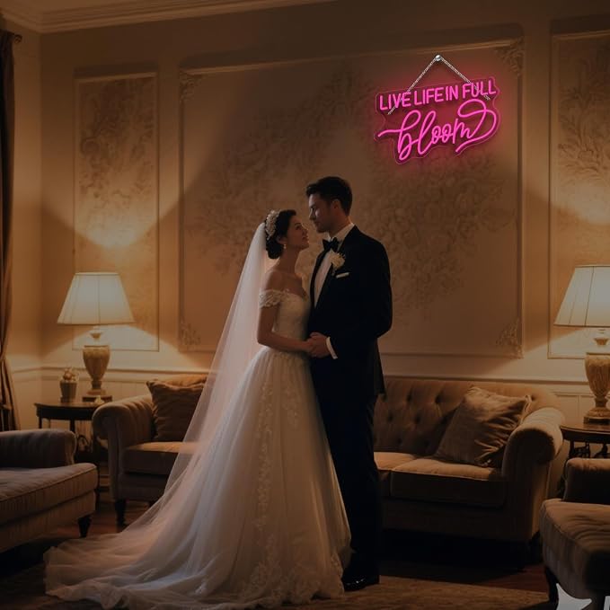 Live Life In Full Bloom Neon Sign, LED Neon Light Wall Decor for Wedding, Bridal Shower, Party & Photoshoot, Light Up Sign for Home, USB Dimmable