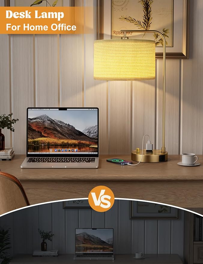 Innqoo Gold Table Lamp with Weaving lampshade, Table Lamp for Bedroom with USB Port and Outlet, Dimmable Nightstand Bedside Lamps with Linen Lampshade, Desk Lamp for Home Office, Living Room