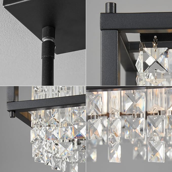 LMQNINE Modern Rectangle Chandelier for Dining Room, Black Crystal Chandelier Linear Light Fixture, Farmhouse Chandeliers for Kitchen Island, Bar Table, L25.98'' x W9.84'' x H8.66''