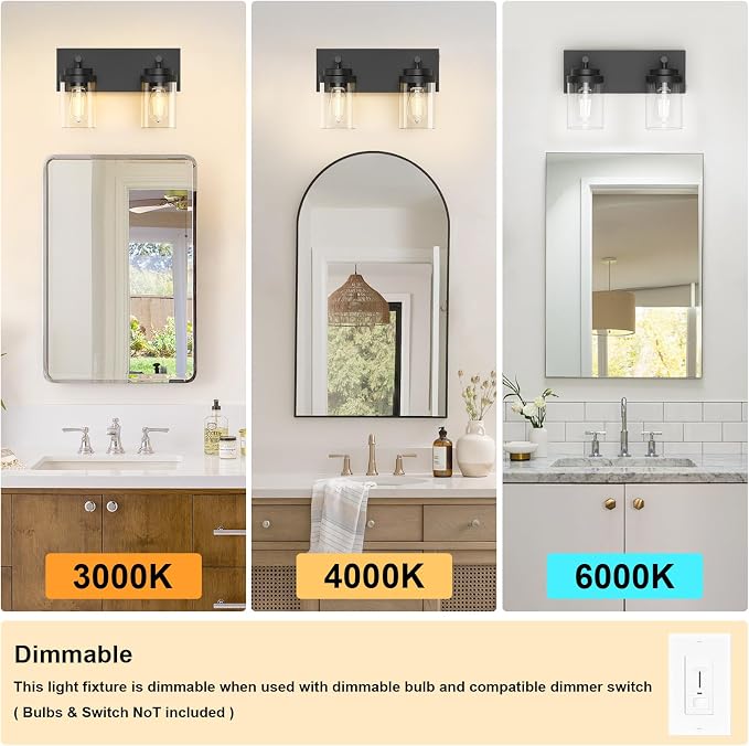 IZORRO Bathroom Vanity Light Fixture, 2-Light 15 Inch Matte Black Bathroom Light Fixtures Over Mirror, with Clear Glass Shade, Modern Farmhouse Vanity Lights, Rustic Restroom Lighting Fixtures