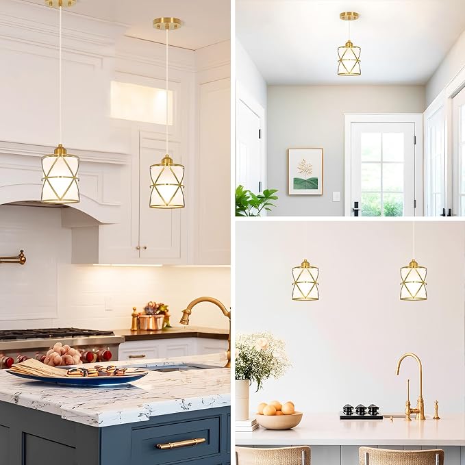 Brushed Gold Pendant Lights for Kitchen Island Set of 2, Pendant Lights Kitchen Island with Frosted Glass Shade, Modern Bathroom Pendant Lighting for Foyer, Dining Room, Entryway - Adjustable Height