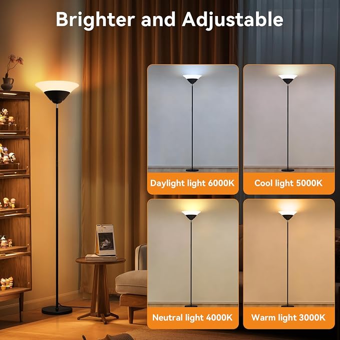 Torchiere Floor Lamp, 72 Inch 30W LED Standing Lamp, 1800LM, Stepless Dimmable, 3000K-6500K, Remote and Button Control, Modern Pole Light for Living Room Bedroom Office, Black
