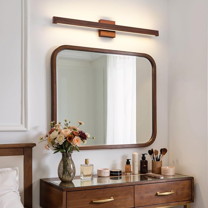 Modern Bathroom Light Fixtures Over Mirror, 32 Inch Brown Wood Finish Vanity Light Bar 26W Dimmable 5CCT LED Vanity Lights for Bathroom Wall Lighting Fixtures Over Mirror
