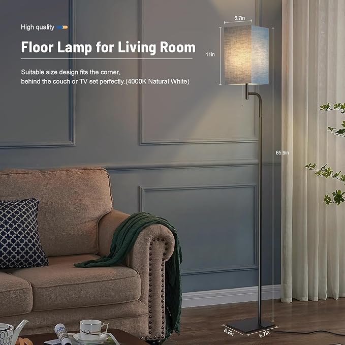 Modern Floor Lamp with 3 Color Temperatures, Square Linen Shade & Solid Iron Flat Base for Stability - Perfect for Compact Spaces Under Sofas or Behind Sectionals, Living Room, Bedroom, Office, Blue