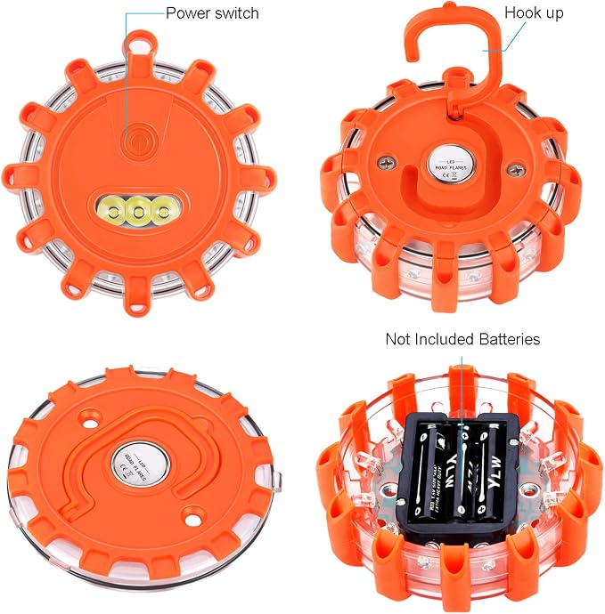 AK [4 Pack LED Road Flares Safety Flashing Warning Light Roadside Emergency Disc Beacon Kit for Vehicles Boats with Magnetic Base & Hook, Premium Storage Bag (Batteries Not Included) (4)