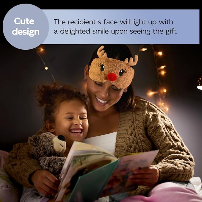 Christmas Reindeer Sleep Mask Cute Antler Eye Masks Sleeping Soft Plush Cartoon Blindfold Funny Animal Eye Cover Xmas Presents for Women Men (Xmas Reindeer,Brown)