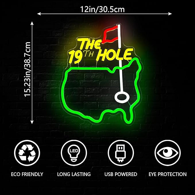 The 19th Hole Neon Sign Golf Neon Lights foe Wall Decor Bar Light Up Sign for Bar Man Cave Golf Club Sports LED Signs 19th Hole Neon Wall Sign Decoration Gifts for Golf Lovers