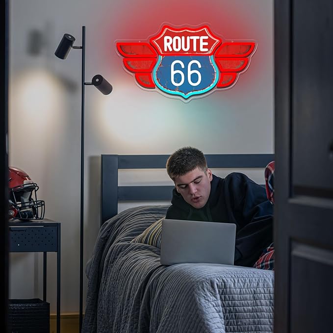 UV Printed Route 66 Neon Sign Vintage Route 66 Garage Wall Decor Dimmable Led Us High Way Sign for Man Cave Garage Neon Lights for Bedroom Party Club Gift