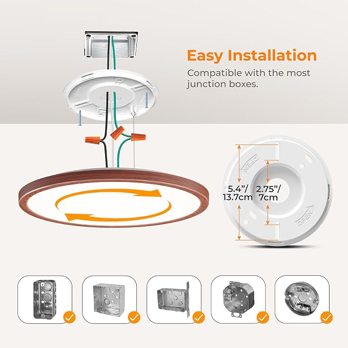 LED Flush Mount Ceiling Light, 12 Inch 24W 3000K/4000K/5000K Hardwire Light Fixture, Ultra Thin Round White Lamp for Kitchen Porch Bedroom Hallway Stairwell Basement- Walnut