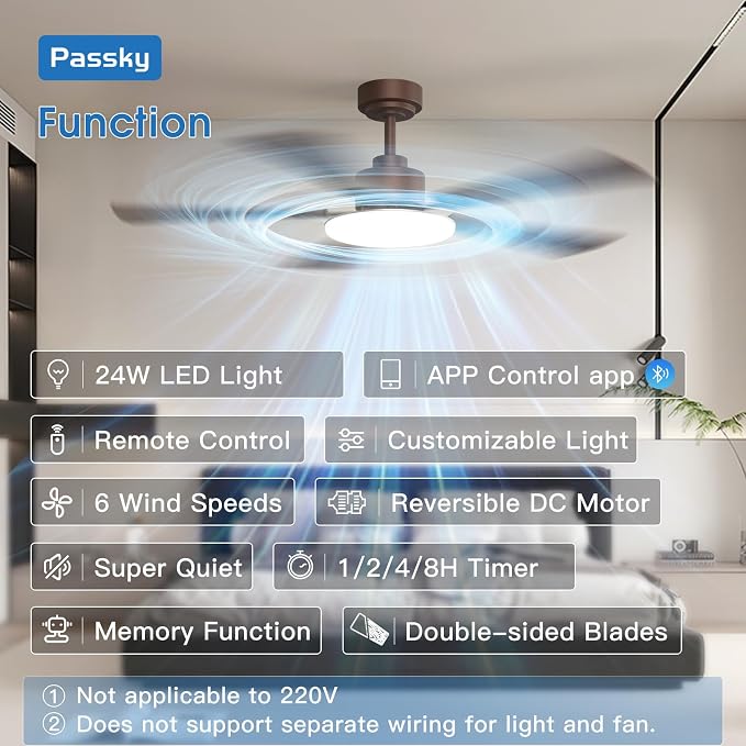 Passky 52 Inch Brown Sleek Ceiling Fans with Lights, Remote Control | 3-color dimmable light, quiet reversible DC motor, easy install, memory, Timer, APP, bedroom, covered outdoor areas
