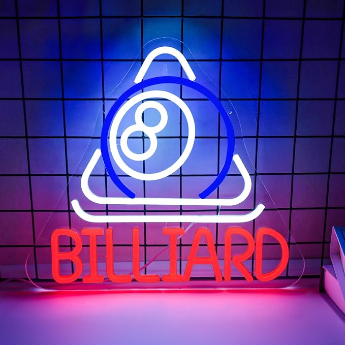 Billiard Neon Sign Pool Table Wall Decor LED Lights for Pool Room Decor | Dimmable USB Powered LED Sign for Bar Man Cave Club Pub Basement Arcade Room Decoration Billiards Lover Pool Hall Wall Decor