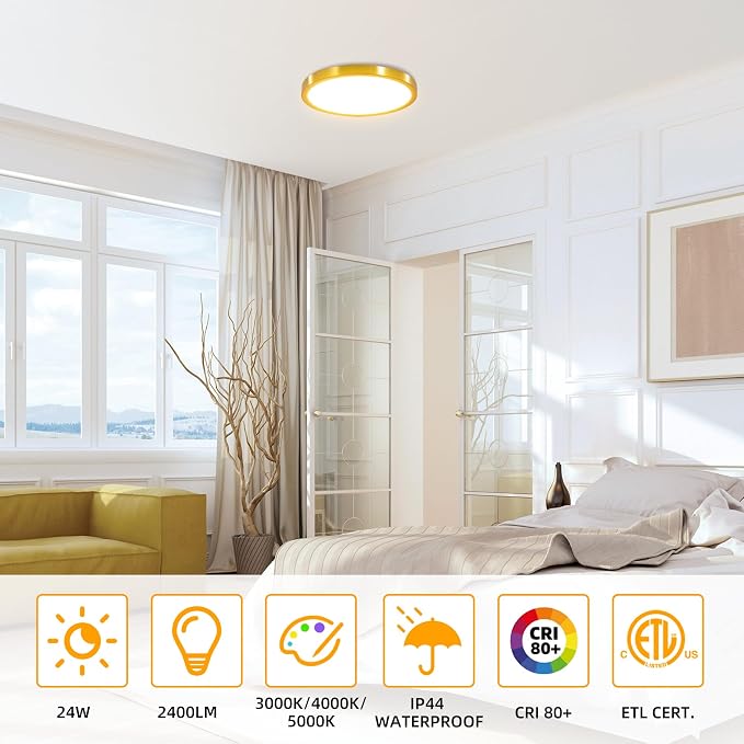 Hlite 12 inch Flush Mount LED Ceiling Light Fixture,2400LM,3CCT,6Pack | 24W Super Slim Light Fixtures Ceiling Mount 3000K/4000K/5000K Selectable,Light Fixtures for Kitchen,Bedroom,Gold