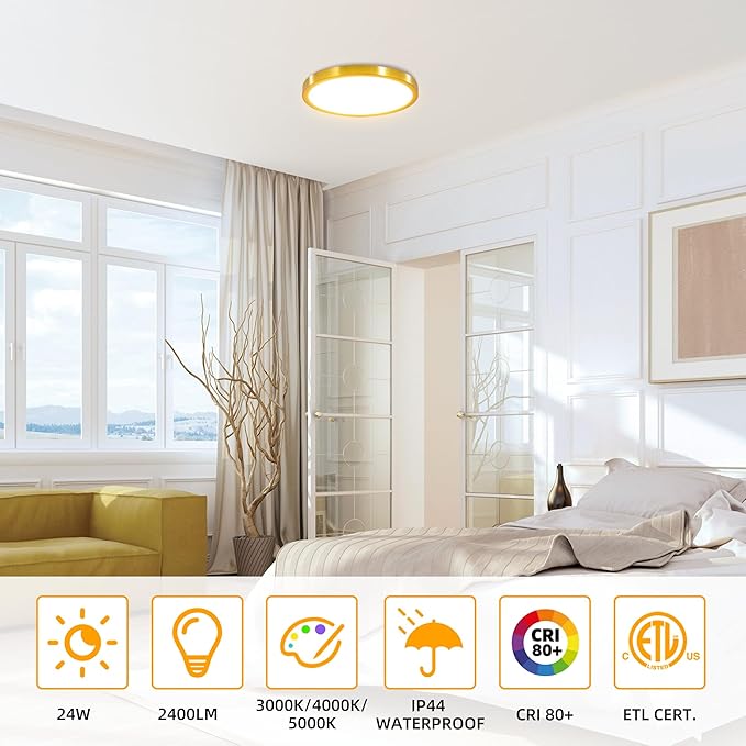 Hlite 12 Inch Flush Mount LED Ceiling Light,2400LM,3CCT,4 Pack | 24W 3000K/4000K/5000K Selectable,Low Profile Ceiling Light Fixtures for Kitchen Bedroom Hallway Laundry Room Closet, Gold
