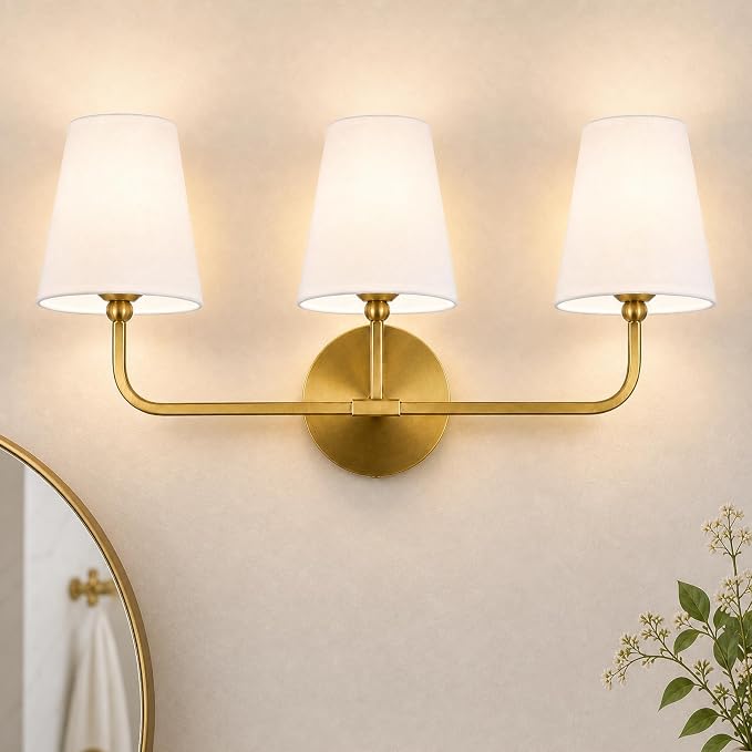 Bathroom Light Fixtures,3-Light Brushed Gold Vanity Lights,Lighting Fixtures Over Mirror with White Flared Fabric Shade,Modern Wall Sconce for Bathroom,Bedroom,Living Room,E26 Socket