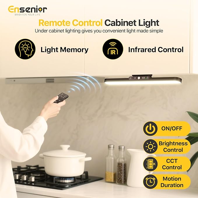 Ensenior Light Bar, 14 inch Rechargeable Under Cabinet Motion Sensor Lighting with Stepless Dimming Magnetic 3CCT Remote 2000mAh, Motion Sensor Light Indoor for Kitchen, Vanity Mirror, Closet, 2 Pack