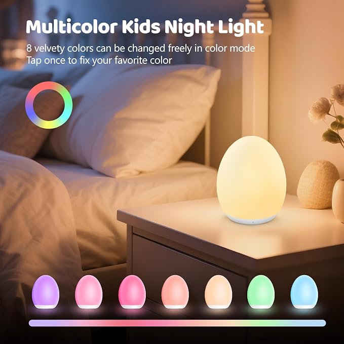 Night Light for Kids, 7 Colors Changing Egg Light for Nursery | Stepless Dimming, Soft Silicone Touch Night Lamp with 1 Hour Timer, Rechargeable Nursery Night for Breastfeeding