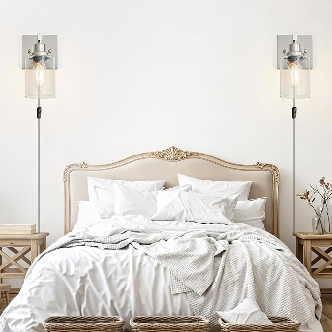 Plug in Wall Sconces Set of 2, Modern Corded Wall Sconce, Bedroom Wall Sconces with Clear Glass, Wall Decor Set of 2 Brushed Nickel Wall Lamps for Bedroom Living Room