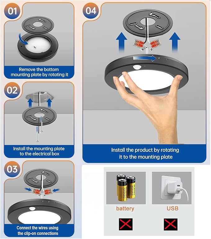 2 Pack Motion Sensor Ceiling Light Hardwired, 15W 1500lm 3CCT/3 Mode/30-120s Timer, 7.5 inch Black Small Motion Sensor Light Indoor for Closet, Pantry, Hallways, Stairwells, Garage