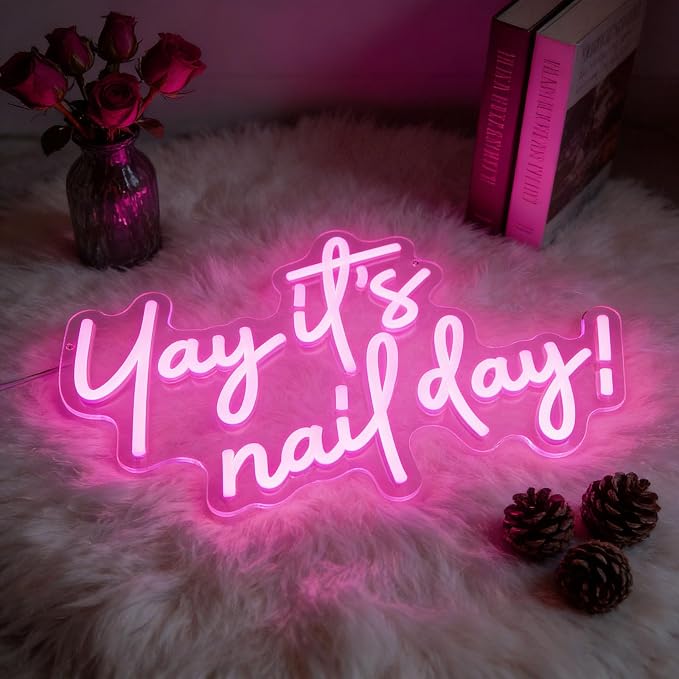 Yay It's Nail Day Neon Sign Pink LED Sign for Nail Salon Beauty Room | Dimmable Nail Day Sign for Girls Bedroom Nail Technicians Beauty Lovers Nail Workspace Nail Station Manicure Room Makeup Room
