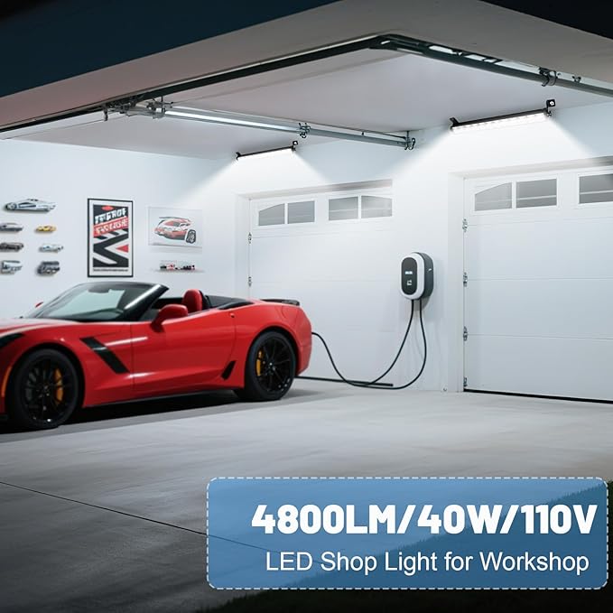 4 Pack 40W LED Shop Lights,6000K 4800LM Daylight White Garage Light with 6.5FT Power Cord & Switch,Plug in LED Work Light for Garage, Workshop,Yard