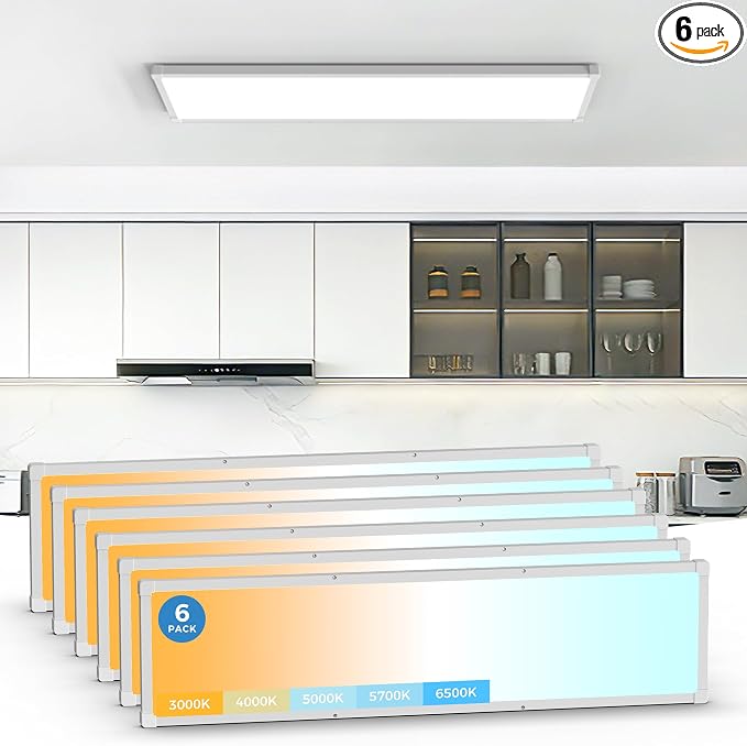1x4 LED Flat Panel Light Surface Mount 6 Pack,5CCT Selectable,White | 6500LM,5 Wattage Selectable, 0-10V Dimmable LED Ceiling Light Fixture with Corner Protection for Office & Commercial