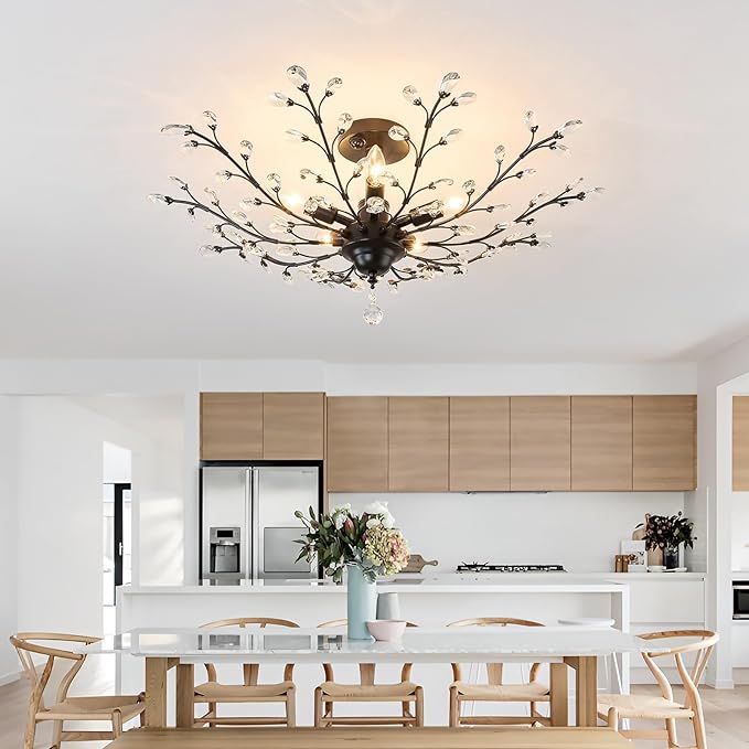 CVKASH Motion Sensor Crystal Chandelier Modern Black Semi Flush Mount Ceiling Light Fixture Vintage Small Chandelier Lighting for Kitchen Bedroom Living Room Dining Room Hallway Foyer