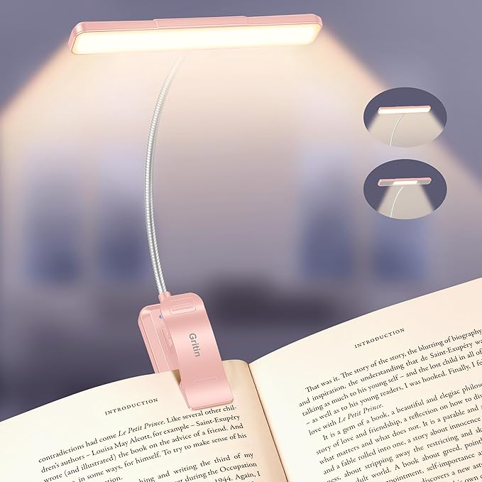 Gritin 2026 Gen 2 Book Light for Reading- 32 Eye Caring Full Spectrum LED | 5 Colors & 5 Brightness, Adjustable Wide/Narrow Beam, Upgrade 1500mAh Long-Lasting Rechargeable Clip on Light-Pink