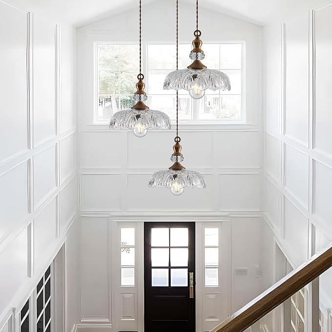 CVKASH Vintage Glass Pendant Light Fixture 2-Pack Brass Modern Adjustable Chandelier Farmhouse Hanging Ceiling Light for Hallway Porch Kitchen Bedroom Coffee Shop Dining Room