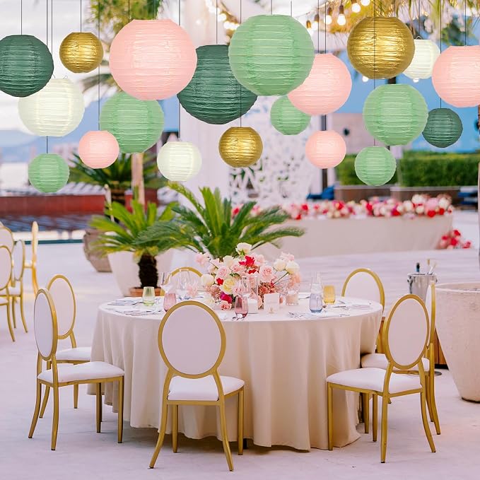 21 Pack Pastel Paper Lanterns, Sage Green Pink Gold Hanging Deco | Round Hanging Assorted Set for Birthday, Graduation, Wedding, Baby Shower, Valentine's Day, Classroom Decor & Photo Backdrop