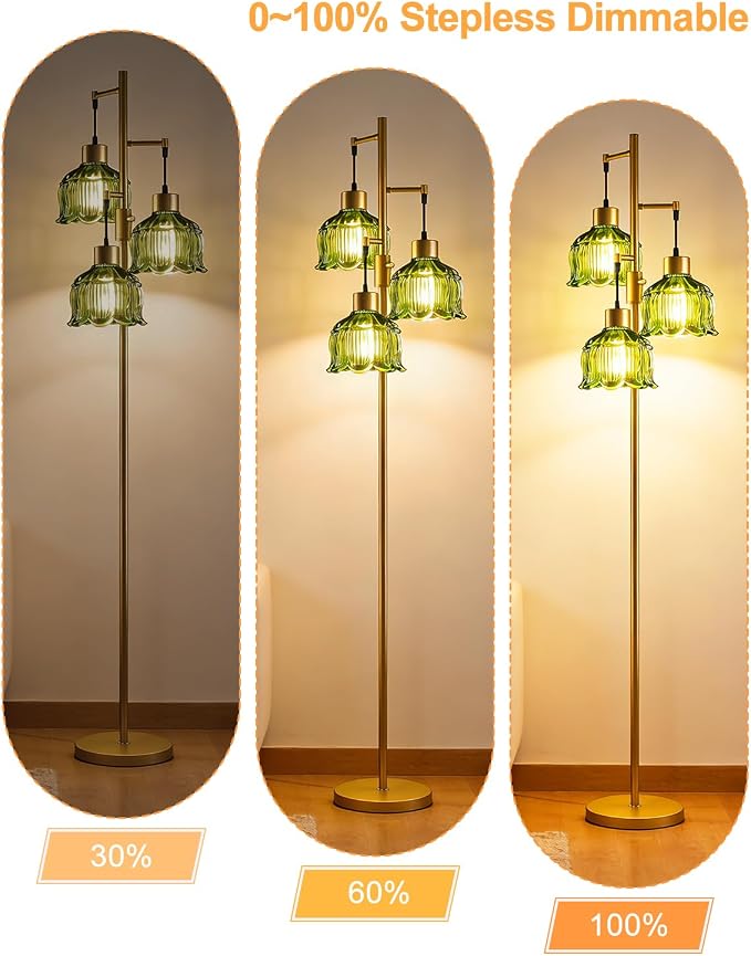 Lightdot 3-Light Floral Floor Lamp 65'' Dimmable Floor Flower Lamp with Green Glass Shade& Bulbs Included, Mid Century Standing Tall Lamp with 5Lbs Heavy Base for Living Room/Bedroom/Sofa Beside-Gold