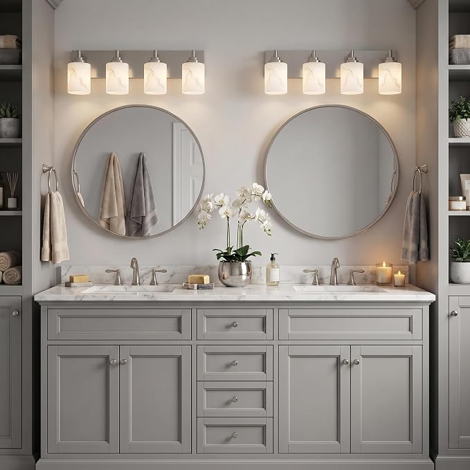4-Light Bathroom Light Fixture, Brushed Nickel Modern Vanity Light with White Marble Glass Shade, for Bathroom Mirror, Living Room, Bedroom, Hallway, E26 Base, Extended Base