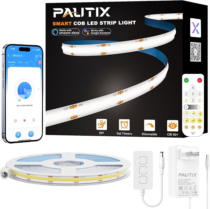 PAUTIX COB LED Strip,Dimmable Vanity Lights,Daylight White 6000K Super Brighten LED Tape Lights,CRI93+ High Lumen,Compatible with Alexa/Google Assistant,for Home, Kitchen,Under Cabinet