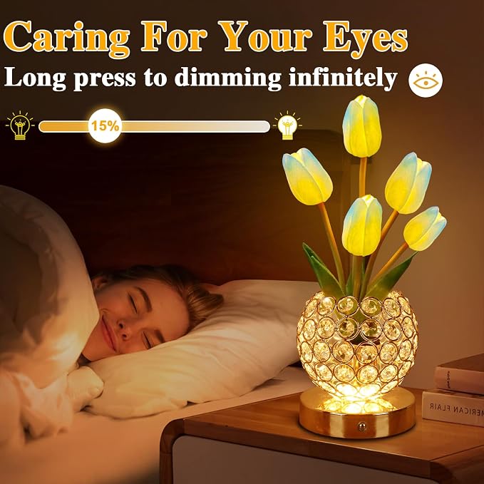 Birthday Gifts for Women Mothers Day Gifts/for Mom Tulip Table Lamp | 3 Color Crystal Flower Bedside Lamps Infinitely Dimming with USB Charge Small Night Light,Night stand Touch Lamp(Blue-tulip)