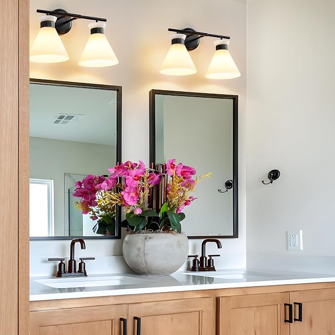 WOSHITU Black Bathroom Vanity Light Fixtures: Bathroom Lighting Fixtures Over Mirror 17.3 inch with Milky White Frosted Glass, 2-Lights Mid Century Modern Vanity Lighting Wall Light(Exclude Bulb)