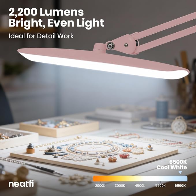 Neatfi XL 2200 Lumens 24W LED Desk Lamp – Shadow-Free Task Lighting | 4-Level Dimming | Home Office & Crafts Use | 20-Inch Wide Head (Rose Gold, Non-CCT with Clamp)