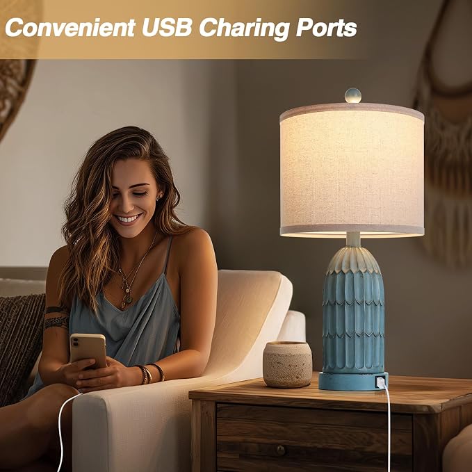 Coastal Table Bedside Lamps Set of 2, Farmhouse 3-Way Dimmable Touch Nightstand Lamp with 2 USB Charging Ports, Vintage Bedside Lamp for Bedroom Living Room End Table Retro Blue