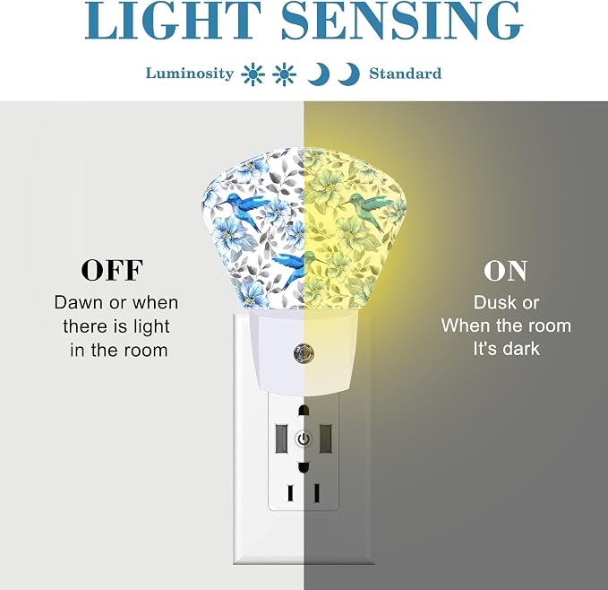 Watercolor Blue Flowers and Hummingbirds Night Light for Kids Girls Boys, Blue Hummingbirds LED Night Light Plug into Wall with Dusk to Dawn Sensor for Room, Hallway, Kitchen, Bathroom, Stairs Decor
