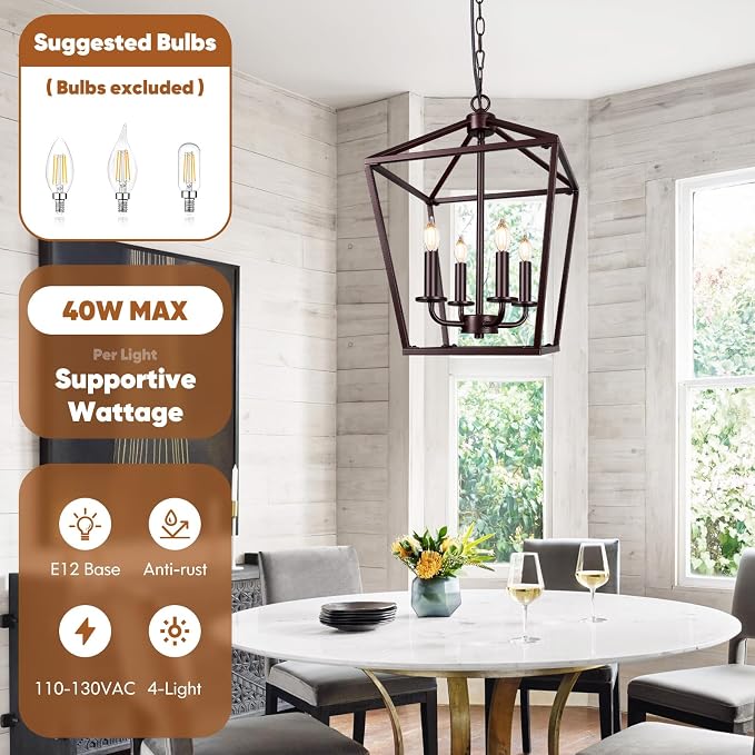 Oil-Rubbed Bronze Rustic Chandelier, Foyer Lighting Fixture for Dining Room | Industrial Kitchen Lantern chandelier Over Table, Pendant Island Ceiling Light for Entryway, Metal Cage Adjustable Height