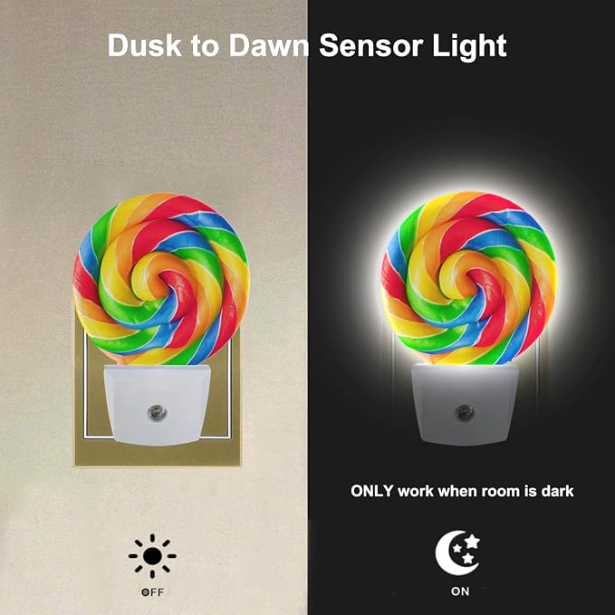 EKOBLA Lollipop Candy Night Light, Colorful Swirl Plug-in Night Lights with Dusk-to-Dawn Sensor for Women Girls Boys Gift, 0.5W Sleep Friendly for Bedroom Bathroom