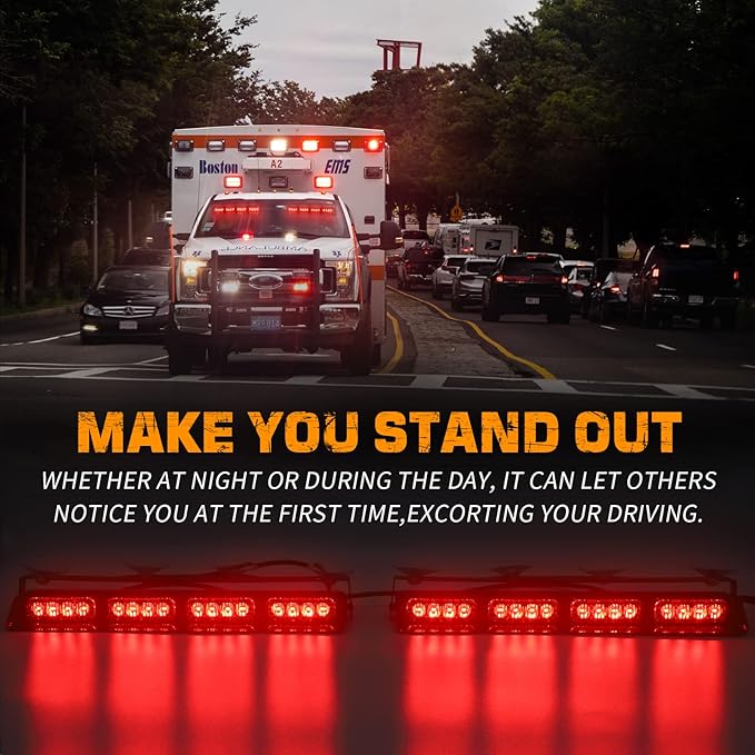 XRIDONSEN Emergency Dash Strobe Lights Safety Flashing Warning Hazard Interior Front/Rear Windshield Deck Split Lights w/Suction Cups for Volunteer Firefighter Police Vehicles Trucks (2x14 inch, Red)