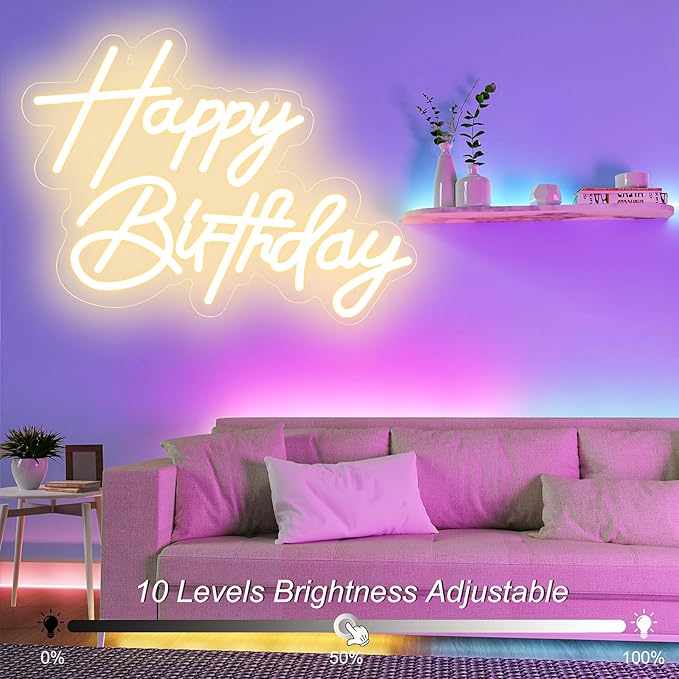 Happy Birthday Neon Sign for Wall Decor, USB Powered LED Neon Sign with Dimmable Brightness, Ideal for All Ages Birthday Parties and Celebrations, With 2 Pcs Birthday Cards (17×12 Inch)