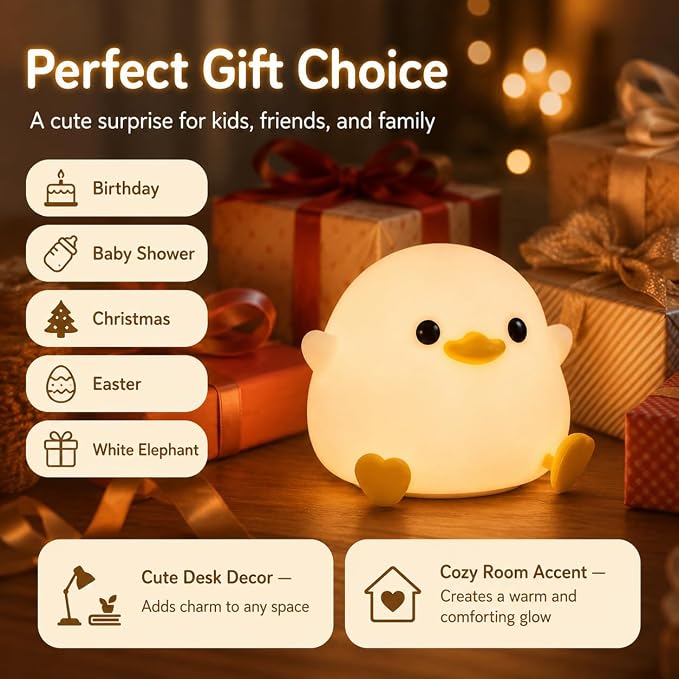 Ding Ding Duck Night Light, LED Squishy Novelty Animal Night Lamp, Food Grade Silicone 3 Level Dimmable Nursery Nightlight for Desk Decor, Funny Gifts Stuff for Boys Girls Baby, White Elephant Gifts