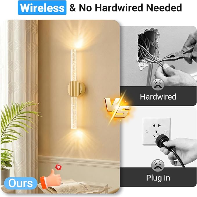 Peel and Stick Gold Rechargeable Magnetic Wireless Wall Sconces Set of 2 | Linear Wall Lights with Remote and Touch Control, 3CCT and Dimmable Battery Operated Wall Lamp for Bedroom Living Room