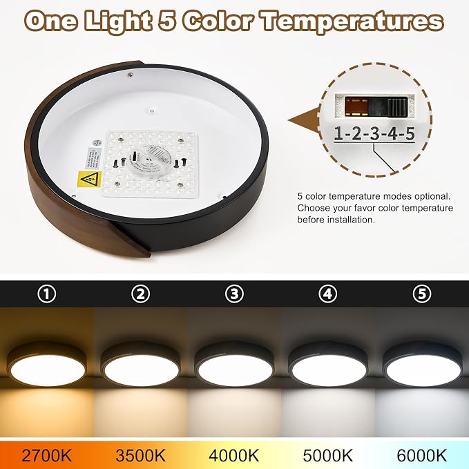 Modern LED Ceiling Light, Brown Walnut Wood Flush Mount Ceiling Light Fixture, Dimmable 5CCT Minimalist Circle Lighting Lamp with Acrylic Lampshade for Bedroom Laundry Room Hallway 11.8"