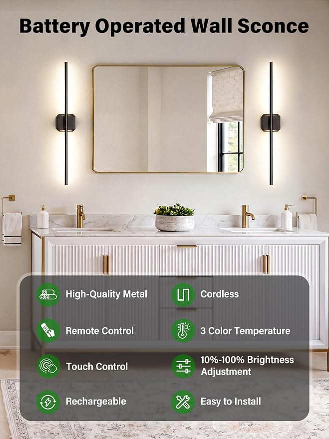 Battery Operated Wall Sconces Set of Two, Wireless Wall Lights Touch & Remote Control Rechargeable LED Wall Lamp 2700K-6000K Dimmable Lights for Living Room Bedroom Bathroom Hallway( 29 ", Black)