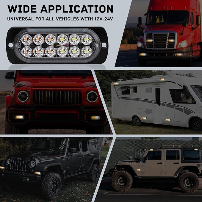 SEISSO 4-Pack 12 LED Amber Strobe Lights Vehicles Trucks Emergency Strobe Lights Kit 12V -24V Warning Hazard Flash Lights Bar Grill Grille Surface Mount Super Bright Waterproof, Amber/White