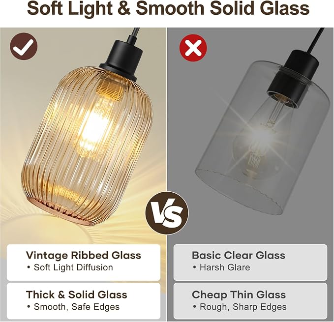 2 Pack Pendant Lights with Vintage Amber Ribbed Glass Lampshade, Adjustable Matte Black Pendant Lights Fixtures for Kitchen Island Lighting Sink, Dining & Living Room Hallway (Bulbs Not Included)