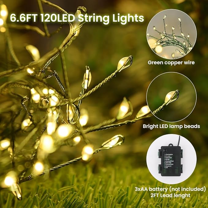 Dailyart 6feet 120 LED Starry Lights, Battery Operated Waterproof Dark Green Copper Wire Fairy Light String Light for Garland, Wreath, Patio, Garden, Wedding, Party, Xmas